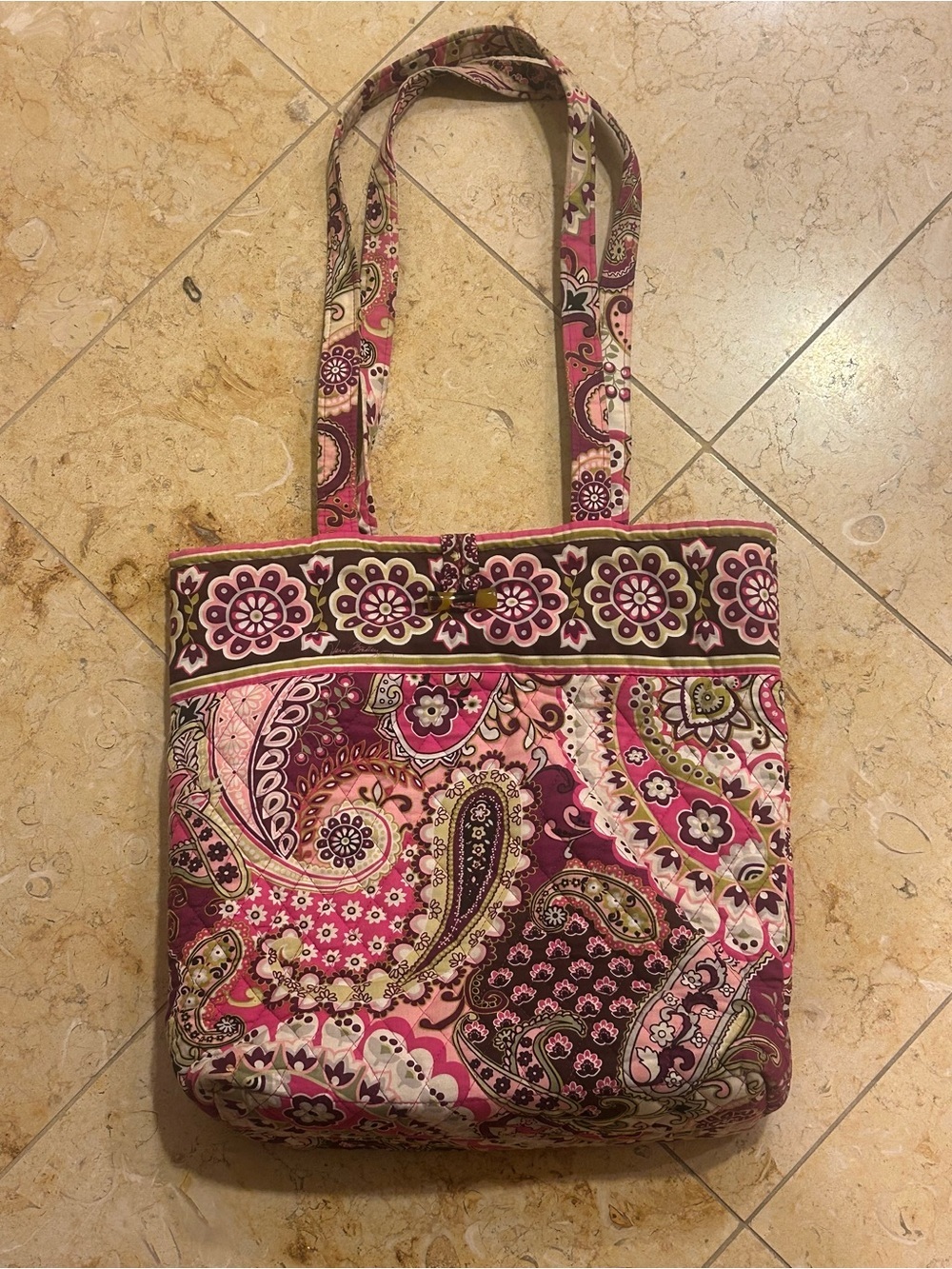 Vera Bradley Pink Multi Paisley Quilted Tote w/ Tortoise Buckle
